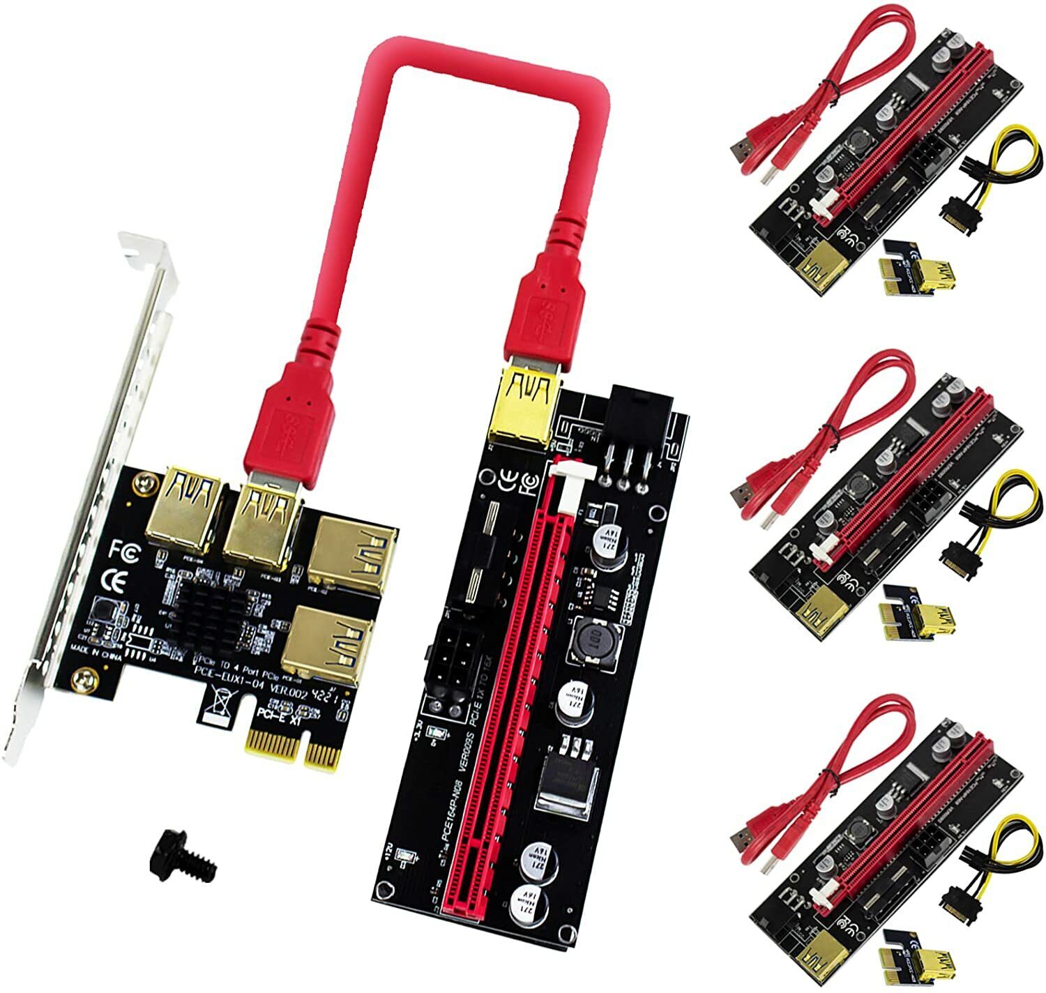 1x PCIE 1 to 4 Adapter Board & PCIE-VER009S Riser Adapter Card SATA Power Cable
