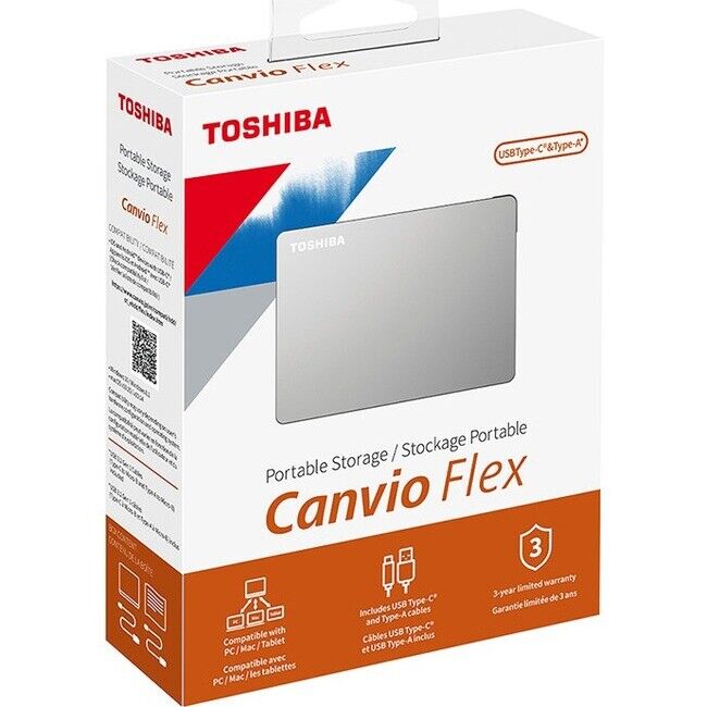 Toshiba Canvio Flex 4TB Portable External Hard Drive USB-C USB 3.0, Silver