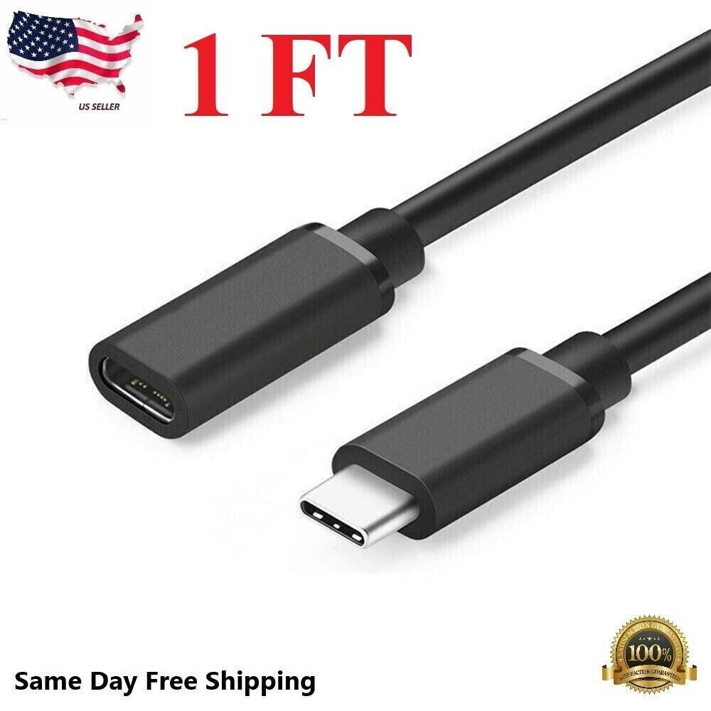 1/3/6 Feet Type C USB 3.1 Male to USB-C Female Extension Data Cable Cord Black
