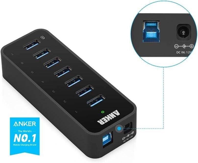 Anker 7-Port USB 3.0 Data Hub w/ 36W Power Adapter BC 1.2 Charging Port Splitter
