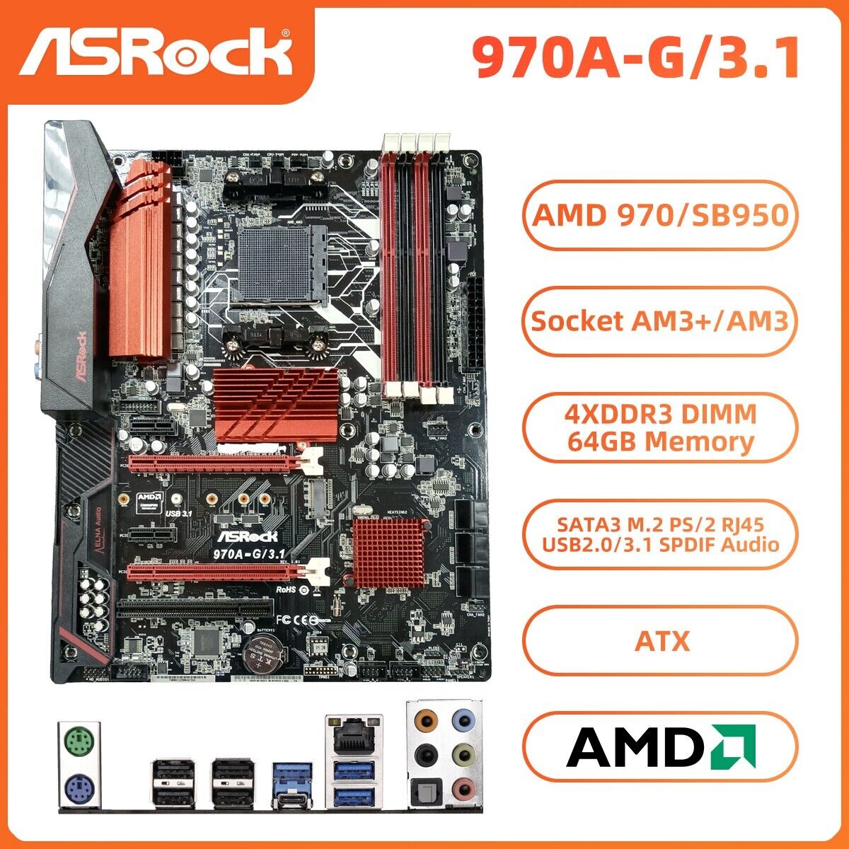 ASRock 970A-G/3.1 Motherboard ATX AMD 970/SB950 AM3+ DDR3 SATA3 M.2 SPDIF Audio