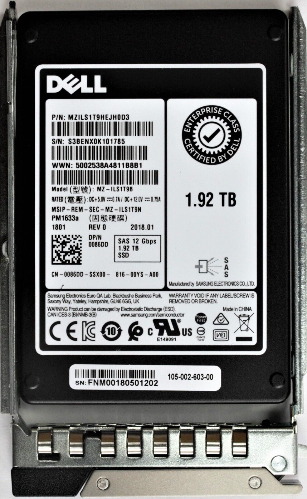 Dell 14G 1.92TB 2.5-inch Enterprise SAS 12Gbps Hotplug SSD Samsung PM1633a 086DD
