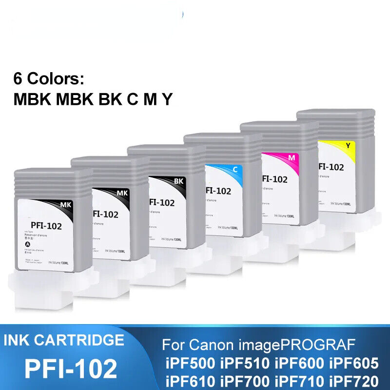 6pc PFI-102 130ML Compatible Ink For Canon iPF500 iPF510 iPF600 iPF605 iPF700 