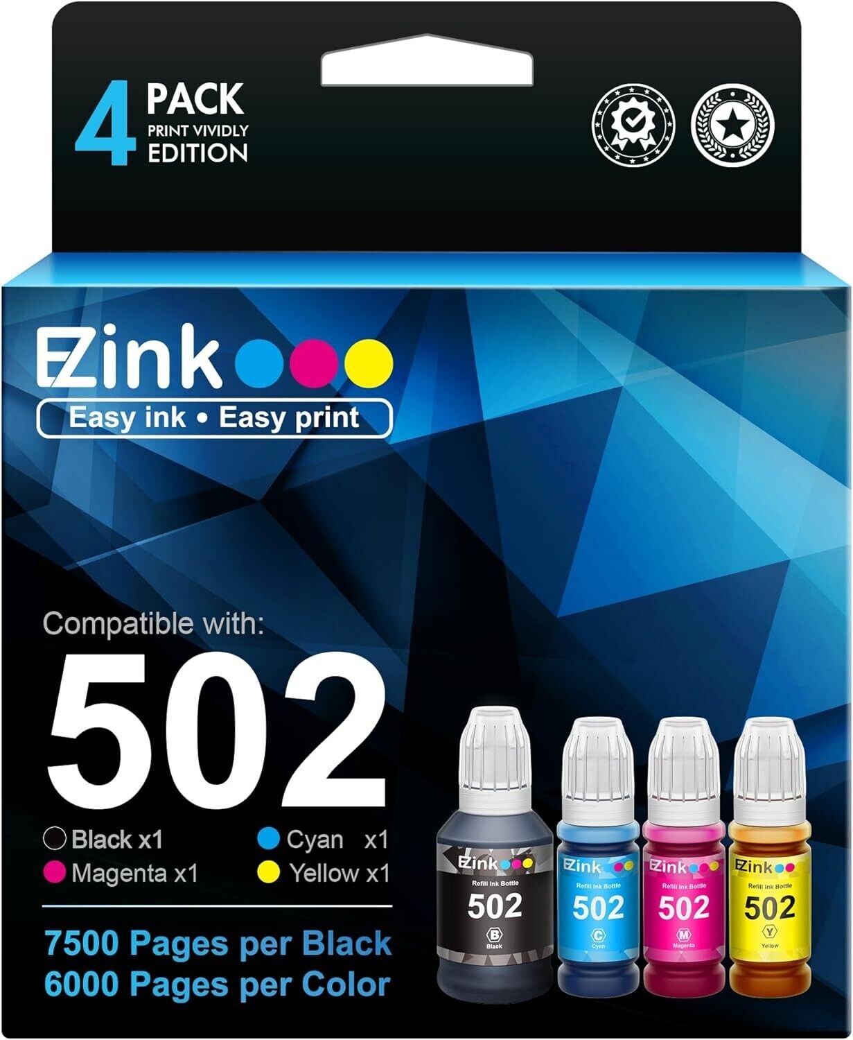 4 Bottles E-Z Ink Compatible Ink Bottle Replacement for Epson 502 T502 522 T522