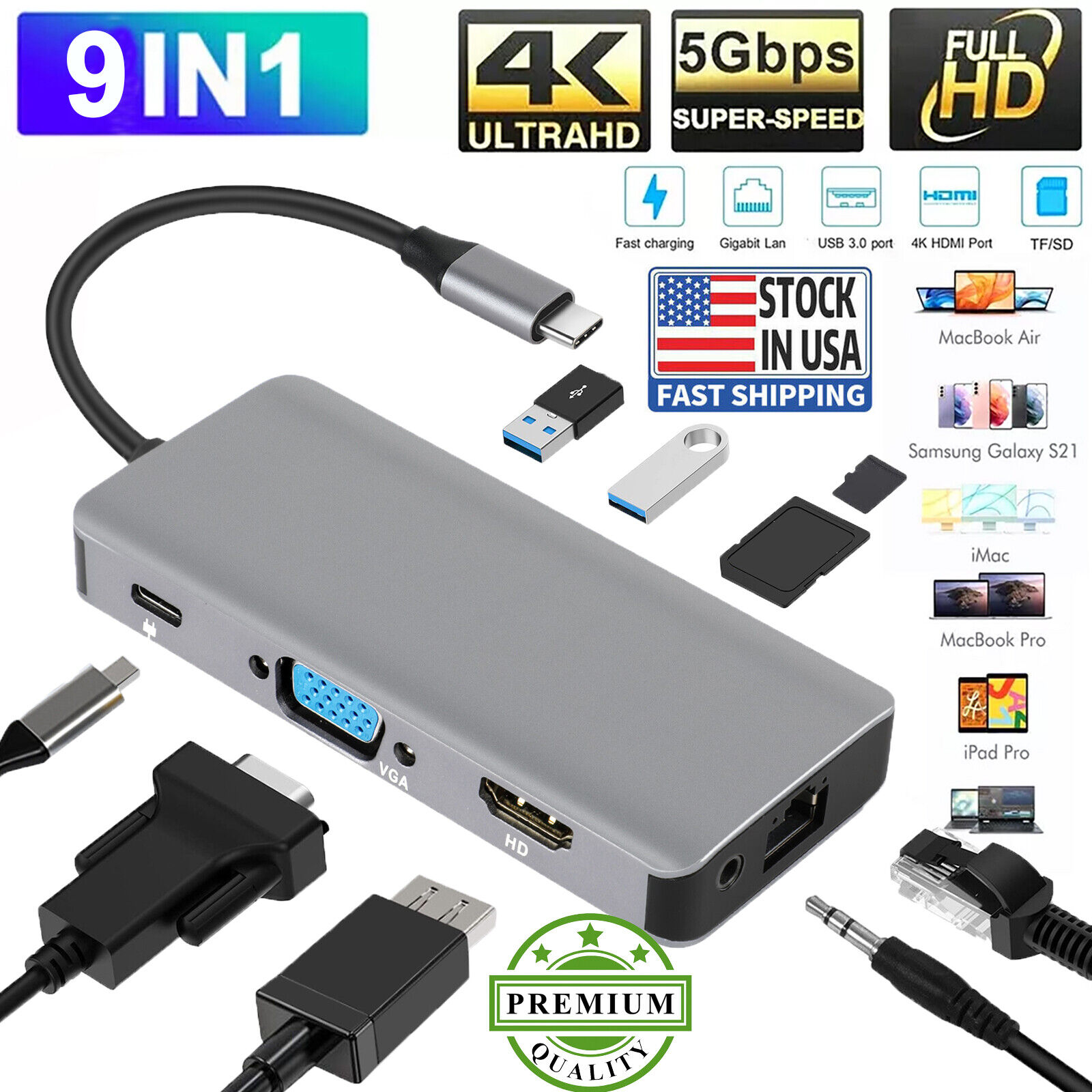 9 in 1 USB-C Hub Type C To USB 3.0 4K HDMI PD Adapter For iPhone Macbook Pro/Air