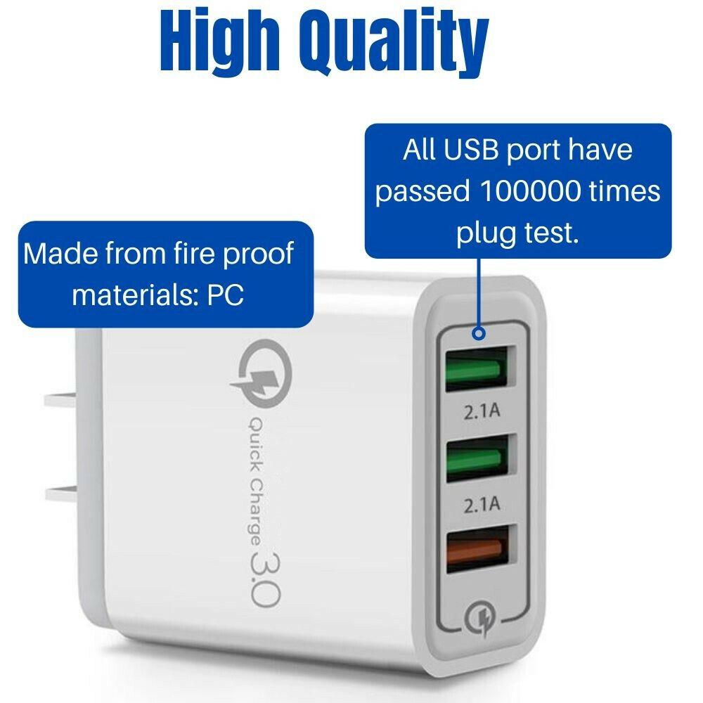 3 Port Home Wall Charger Block US Plug 3/6ft USB Cable for iPhone 6~14 Series