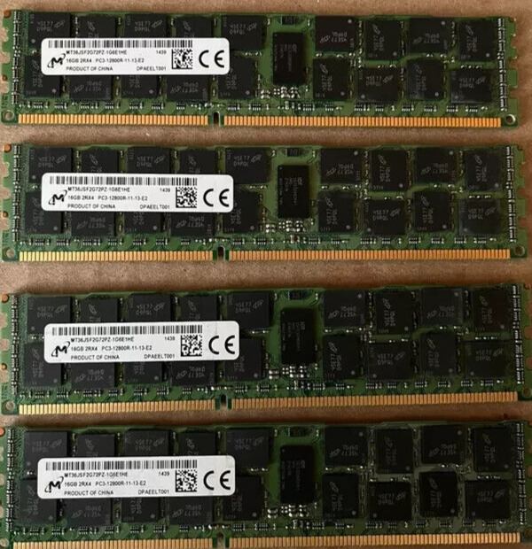 (LOT OF 4) MICRON 16GB DDR3 2RX4 1600MHZ SERVER MEMORY MT36JSF2G72PZ-1G6E1