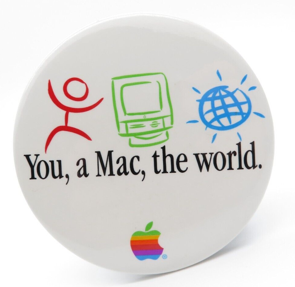 Vintage Apple Computer Employee Pin Back Button - You, a Mac, the world.  1990's