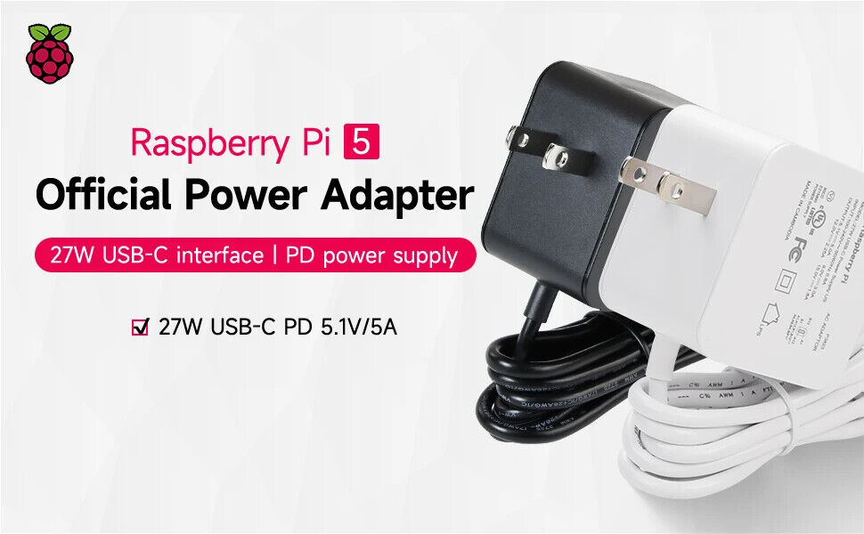 Raspberry Pi 5 SC1158 Power Adapter Official Original 27W Power Adapter - Black