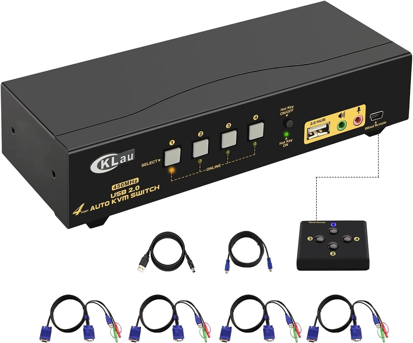 CKLau 4 Port 450MHz USB Auto VGA KVM Switch with Audio and Cables, Monitor Switc