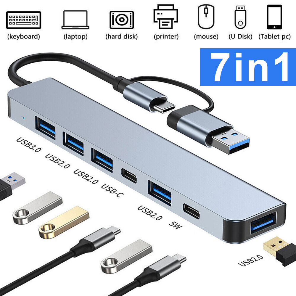 7 in 1 Multi-port USB 3.0 Hub Concentrator USB Type C Adapter for PC Macbook