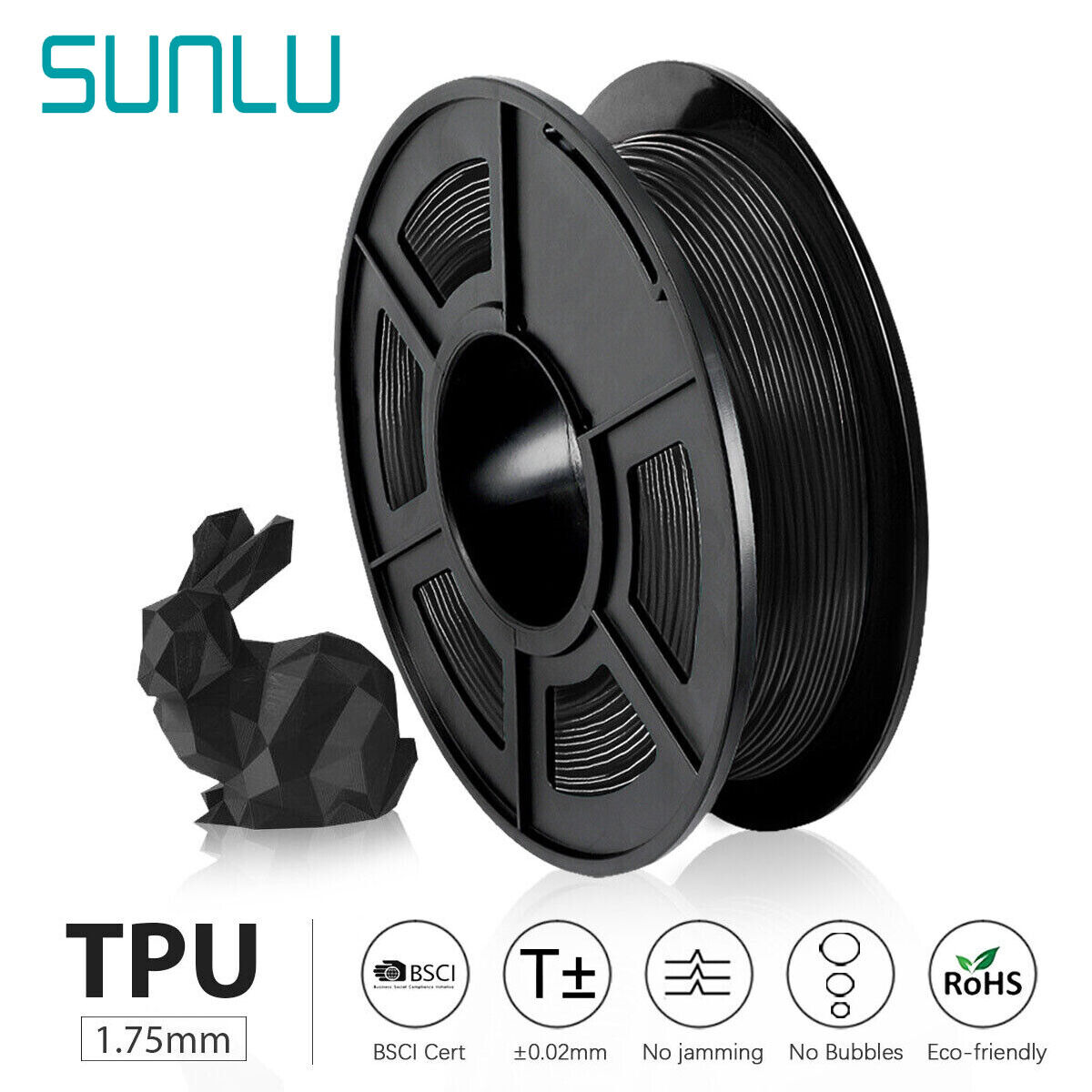 SUNLU Black 95A TPU 3D Printer Filament 1.75mm TPU 0.5KG No Bubble +/-0.03mm