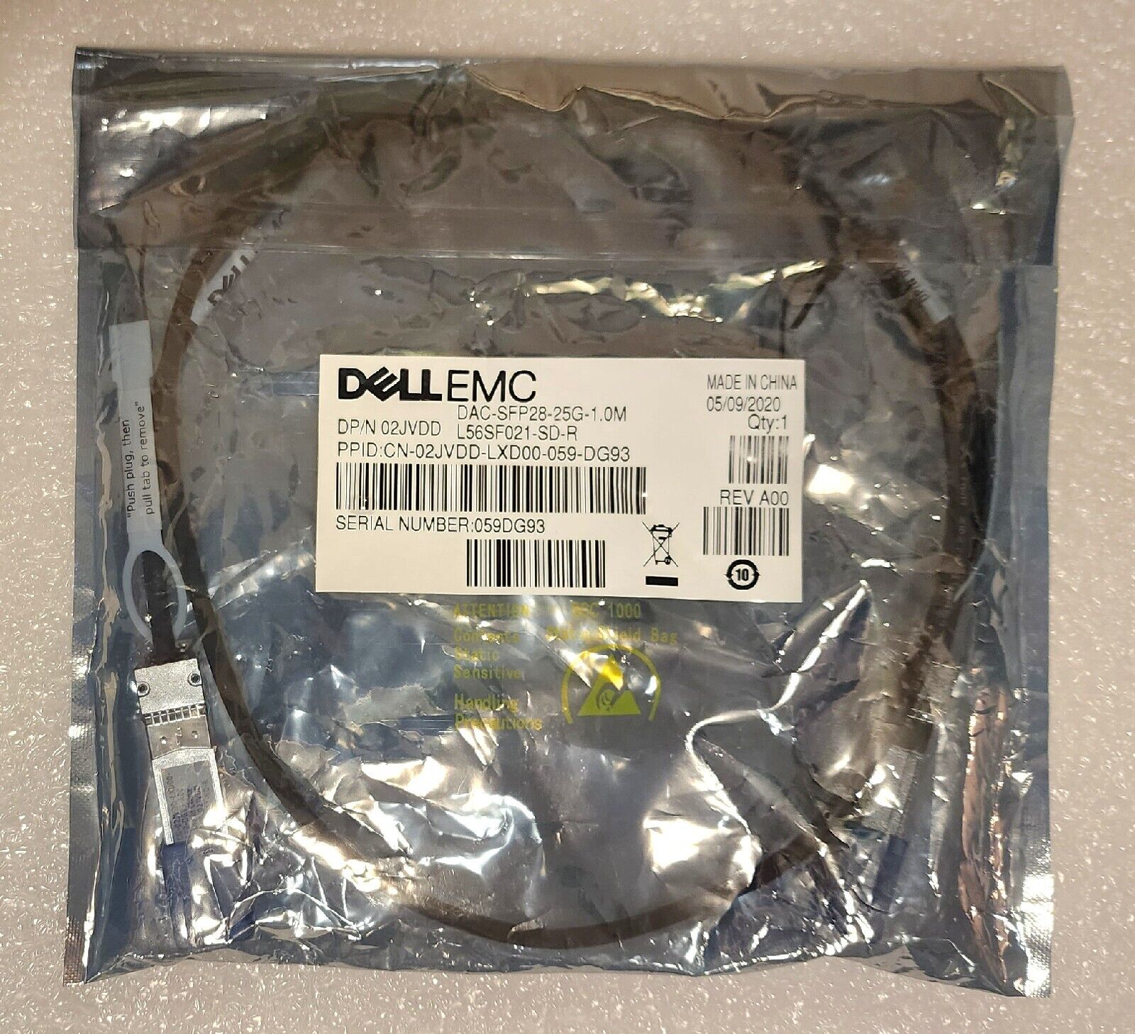 New Dell Networking Cable, SFP28 to SFP28, 25GbE, DAC-SFP28-25G-1.0M DP/N 02JVDD