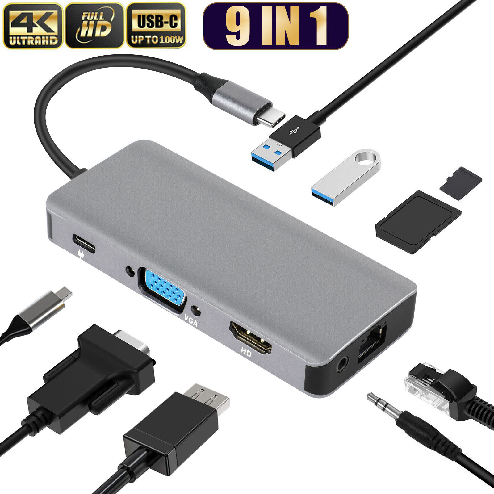 9 in 1 Multiport HUB Type-C to 4K HDMI VGA USB 3.0 Adapter for PC Laptop Macbook