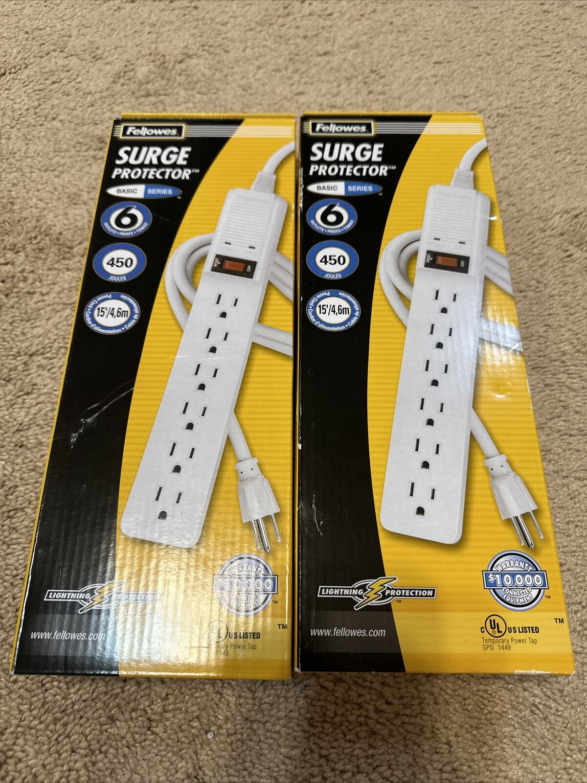 Fellowes Metal Surge Protectors - 6 Outlets 15 Feet - Quantity 2