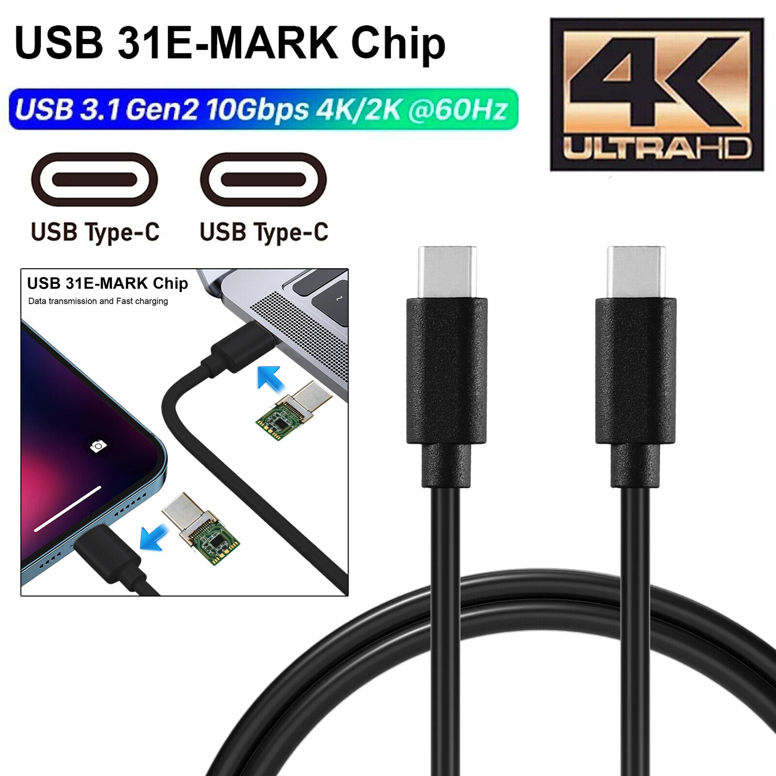 Lot USB 3.2 Gen 2 Type-C Male/Male Cable PD to 100W/5A 10Gbps E-Marker Chipset