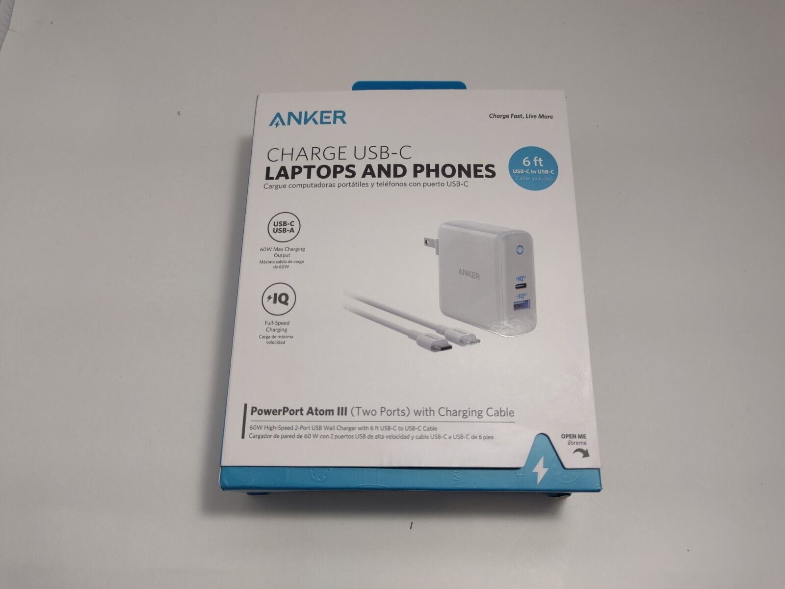 Anker 6' USB-C 60W Power Port Atom III Two Ports w Charging Cable (Open box)