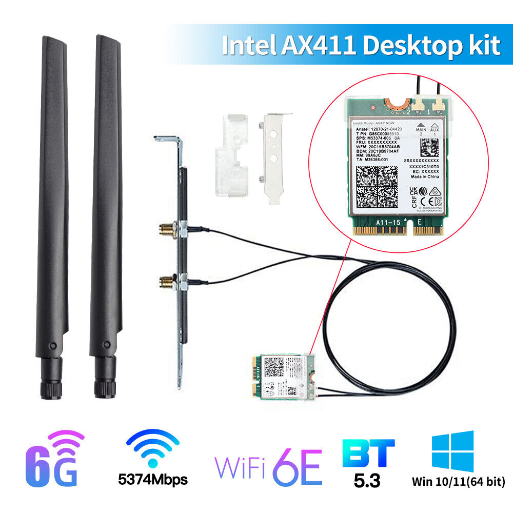 Intel AX411NGW WiFi 6E M.2 CNVIo2 Bluetooth 5.3 Network Card Antenna Desktop Kit