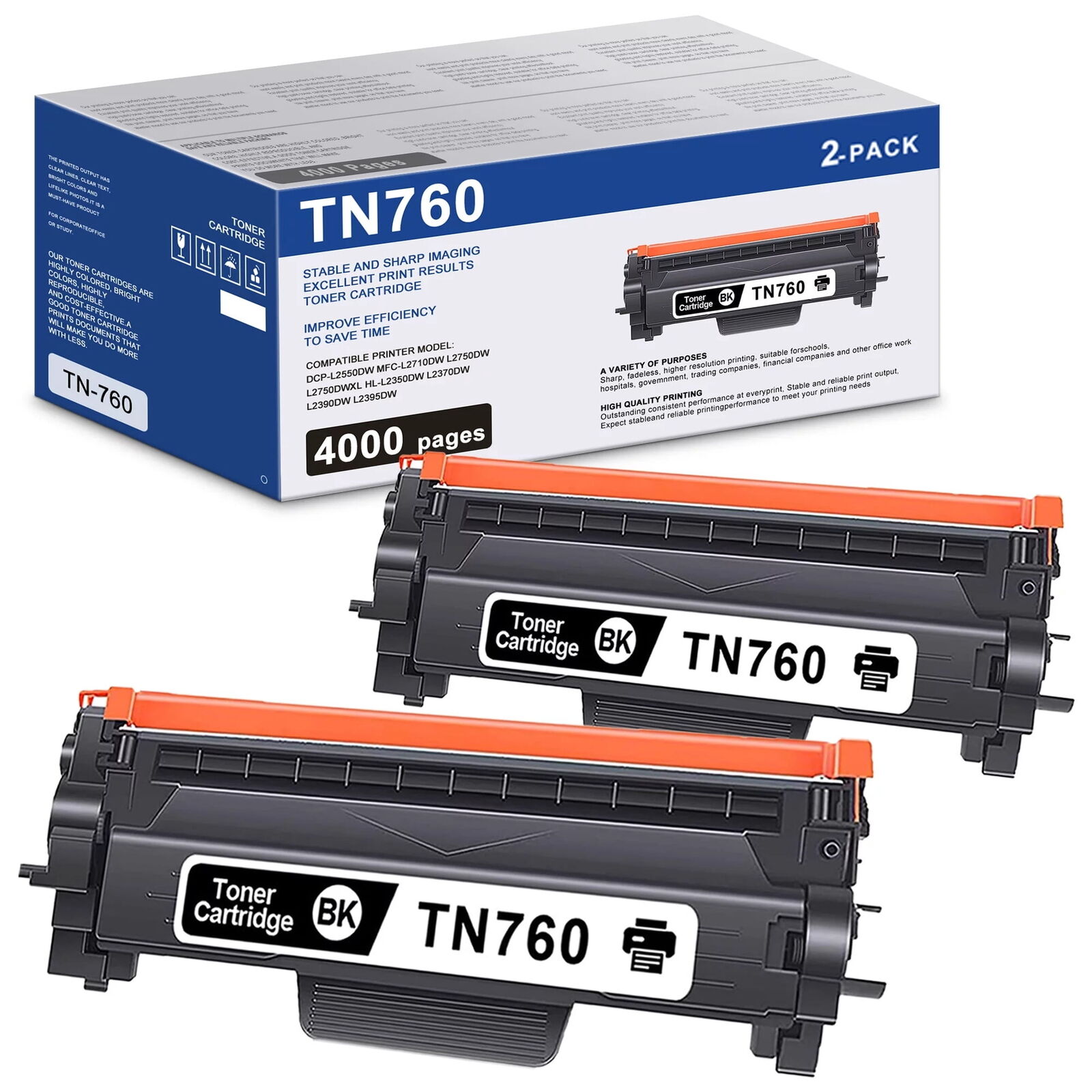 TN760 Toner Cartridge Replacement for Brother TN760 MFC-L2710DW Printer 2Black