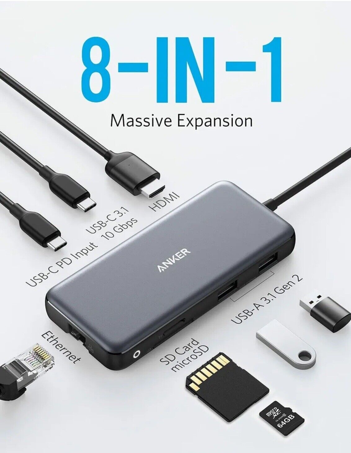 Anker 8-in-1 USB C Data Hub 100W PD Adapter 4K HDMI Ethernet for Mac Laptops PC