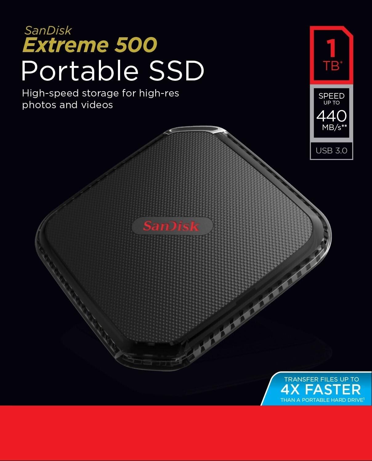 SanDisk Extreme 500 Portable SSD 480GB SDSSDEXT-500G-G25 - Black, Cable include