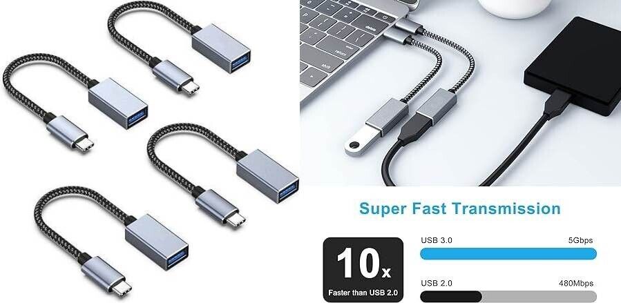 Paquete de 4 adaptadores USB C a USB 3.0 compatible con adaptador USB C a macho.