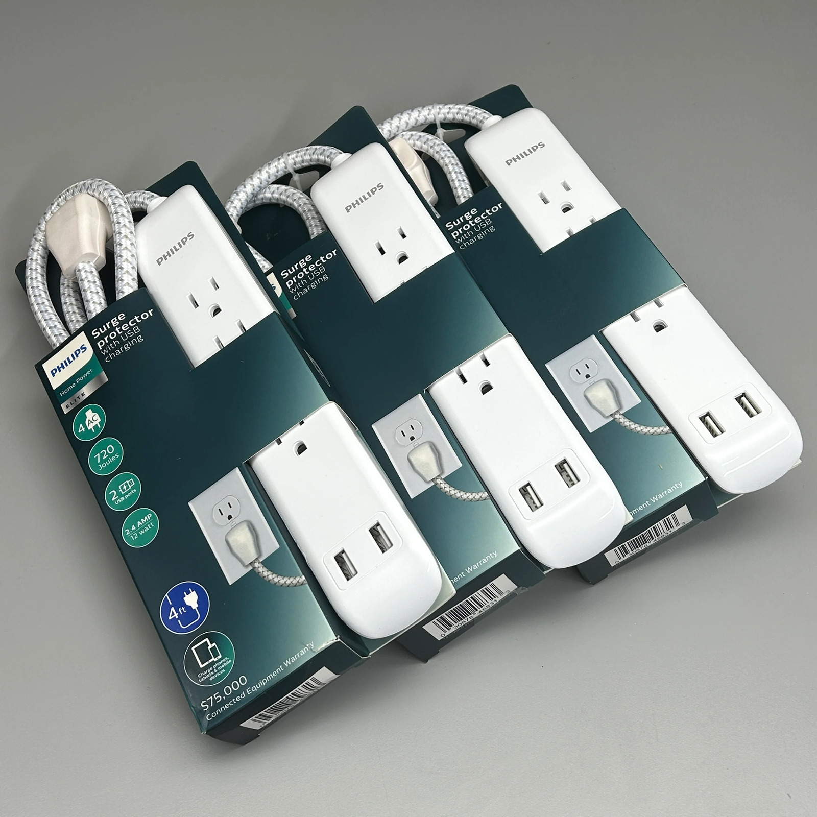 PHILLIPS 3-PACK Surge Protector 4 Outlet 2 USB Power Strip 4ft (New)