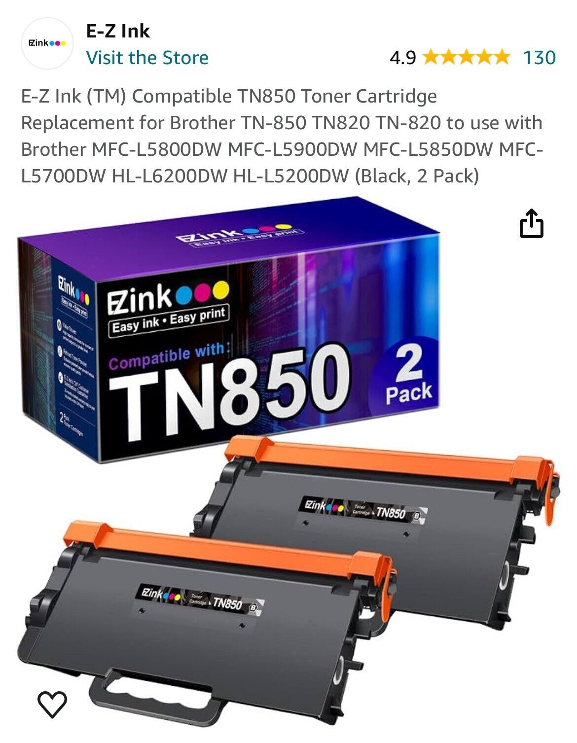 EZink TN580 Black Premium Toner Cartridge Fit/For Brother Models 2 Pack