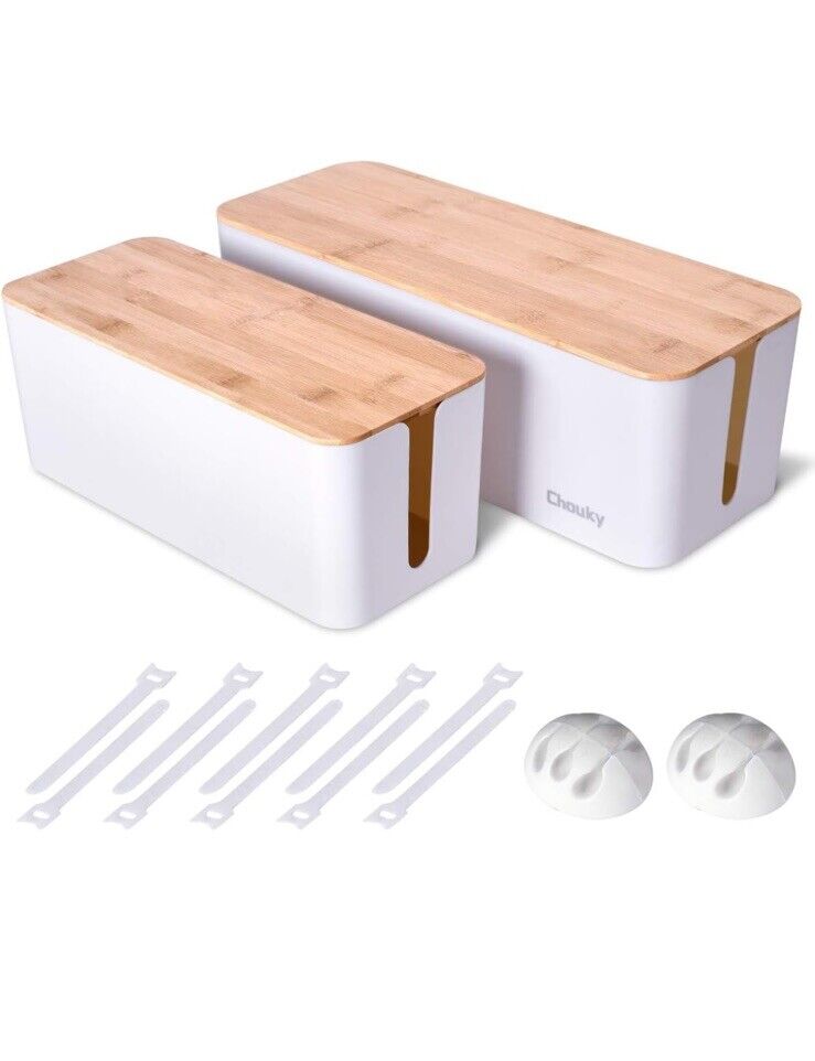 2 Pack Large Cable Management Box Wooden Style Cord Organizer White