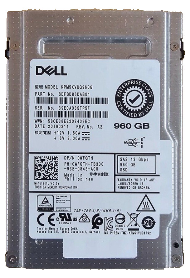 Dell WFGTH 960GB 12Gb/s 2.5” Mix Use SSD Toshiba KPM5XVUG960G Solid State Drive