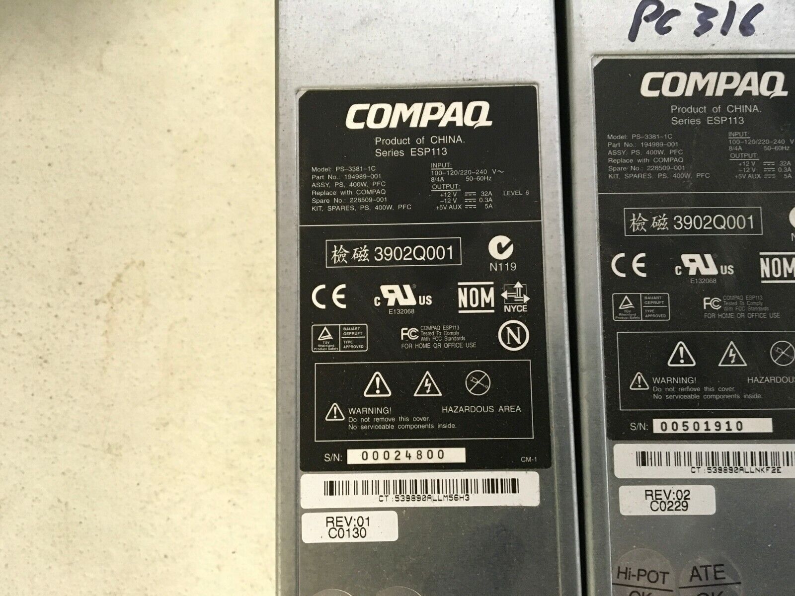 2 X  COMPAQ HP Series ESP113 PS-3381-1C 400W  Power Supply