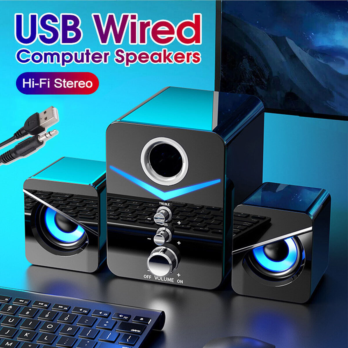 USB Computer Speakers System Stereo Bass Subwoofer LED for Desktop Laptop PC US