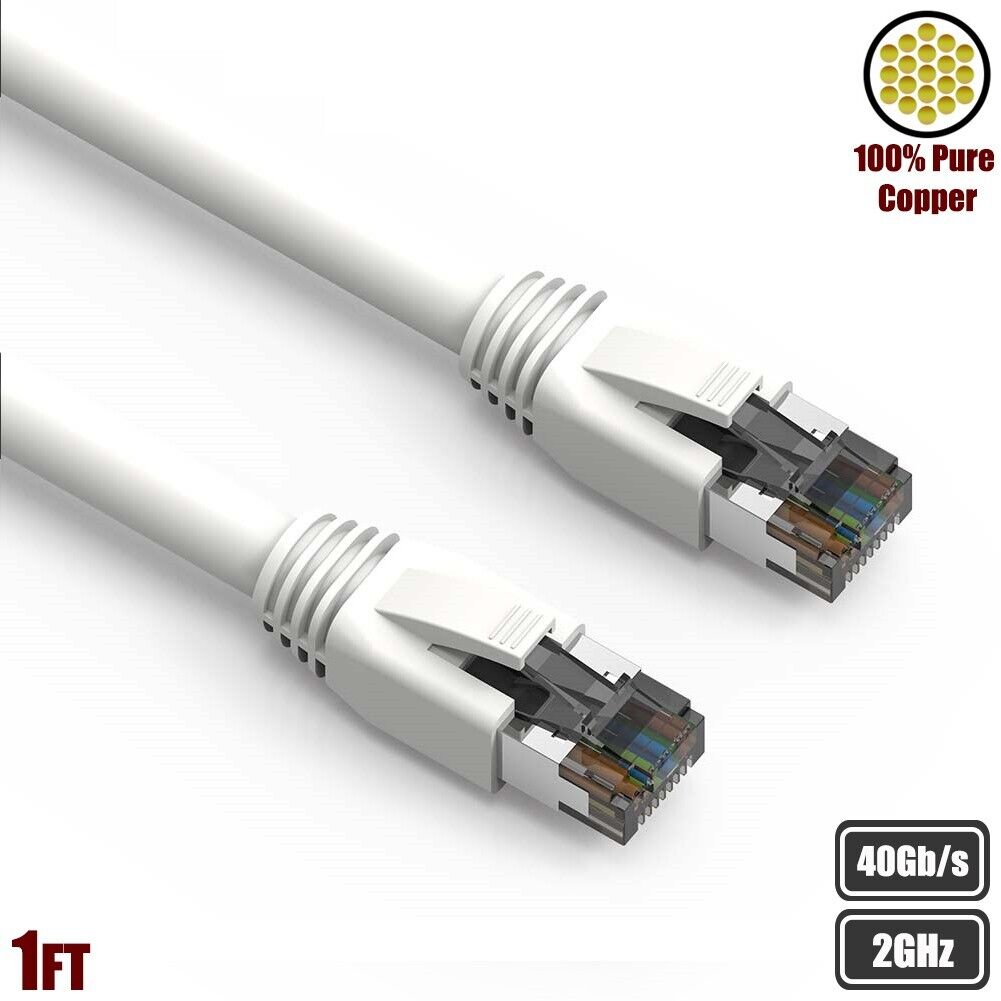 1FT CAT8 RJ45 Network LAN Ethernet Patch Cable S/FTP 2GHz 40Gbps Copper White
