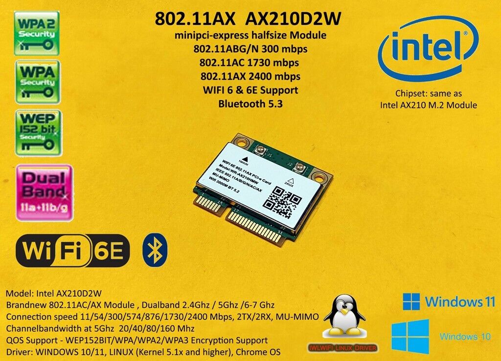 WIFI 6E Mpcie Minipci-express Intel AX210D2W 802.11AX Wi-Fi + Bluetooth 5.3 AX3000
