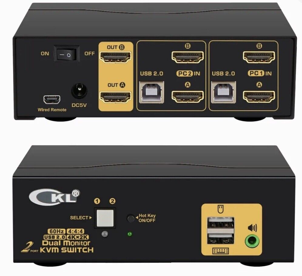 CKL 2 Port KVM Switch Dual Monitor HDMI 4K 60Hz for 2 Computers W/ Power Cord