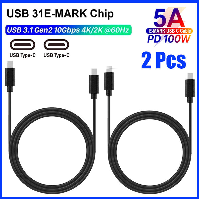 2PCS USB 3.2 Gen 2 Type-C Male/Male Cable PD to 100W/5A 10Gbps E-Marker Chipset