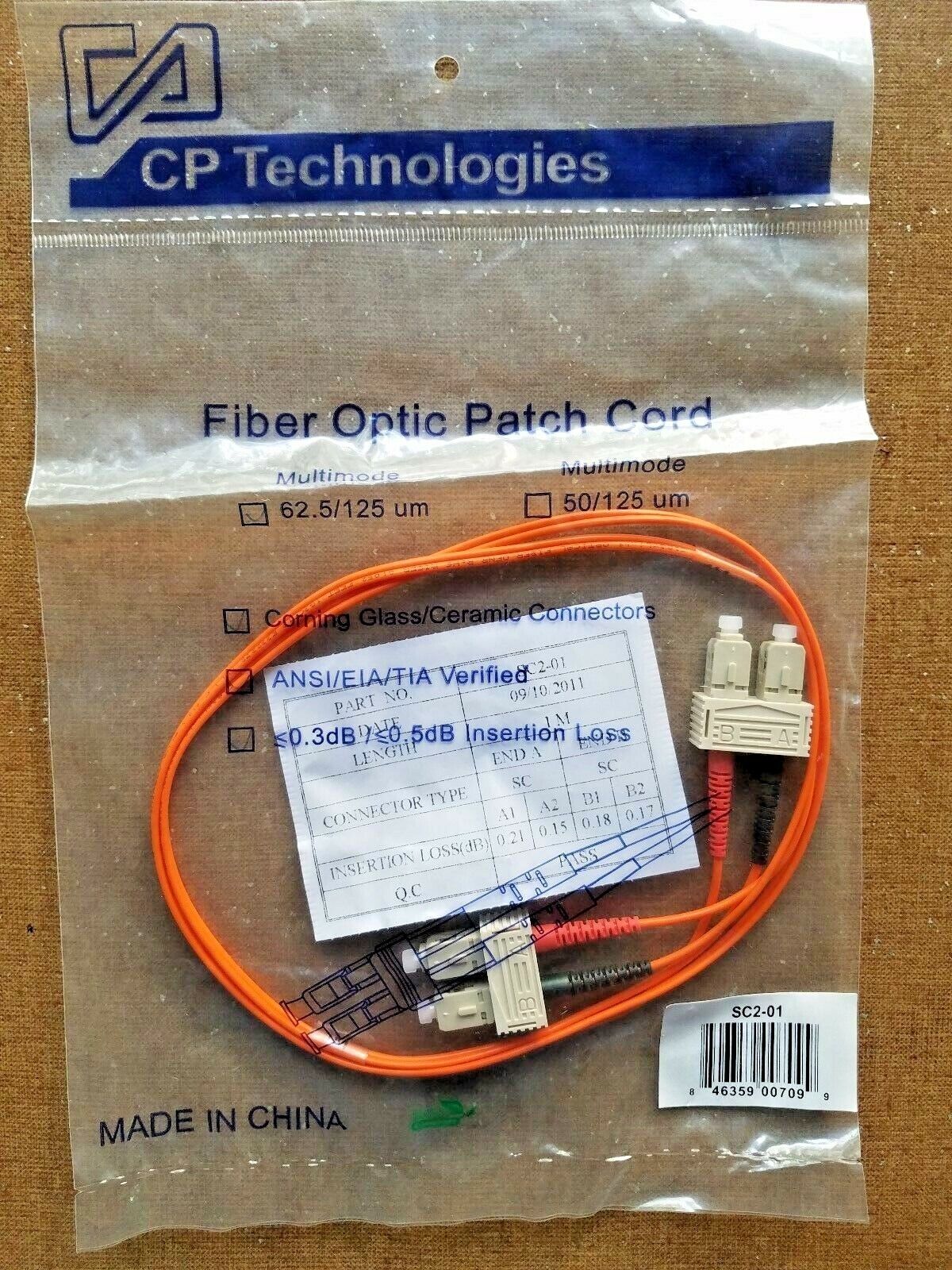 SC-SC Fiber Cable CP Technologies SC2-01 2mm MM Duplex 62.5 1 Meter - LOT OF 5