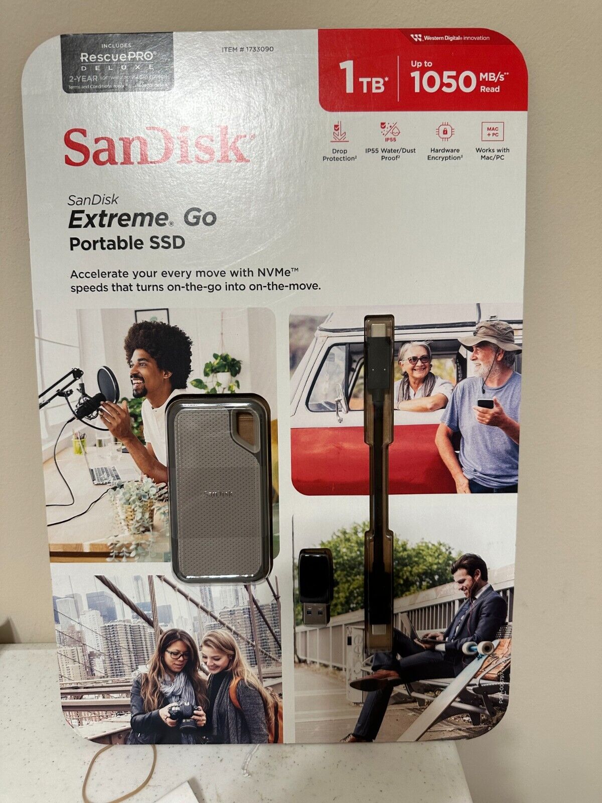 SanDisk NVMe Extreme Go Portable 1TB External SSD  USB 3.2 Gen 2 USB-C
