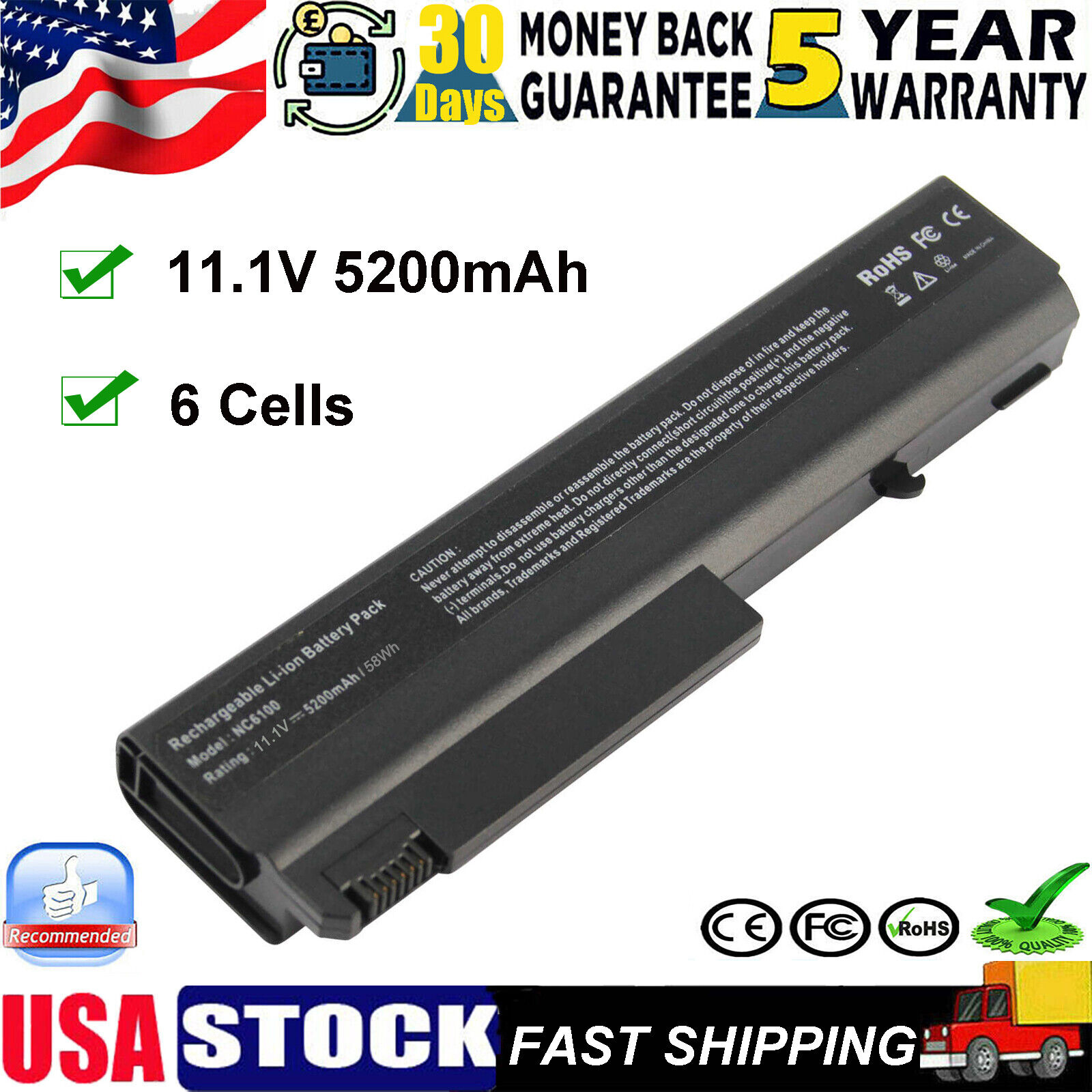 NC6100 Battery for HP Compaq 6510b 6515b 6710b 6710s 6715s 6715b 6910p 5200mAh
