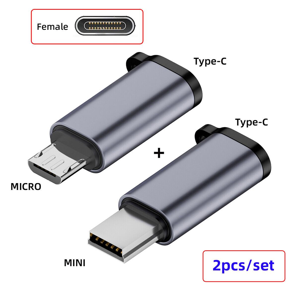 CY 2pcs Reversible USB2.0 Type C to Micro Mini Power Adapter 480Mbps
