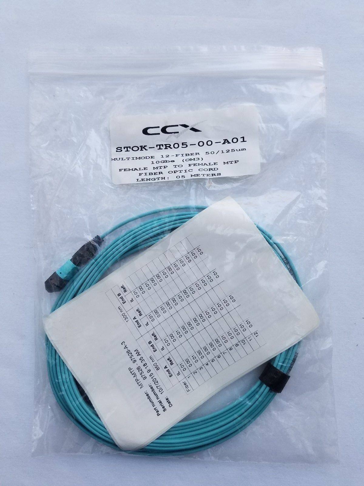 MTP MTP Female to Female CCX 12-Fiber MM 50/125um 10GB (OM3) 5 Meters - LOT OF 5