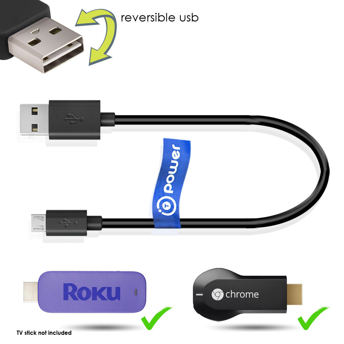 USB Power Cable for Roku Streaming Stick, HDMI 3500 3500XB , 3600R / Google Chro