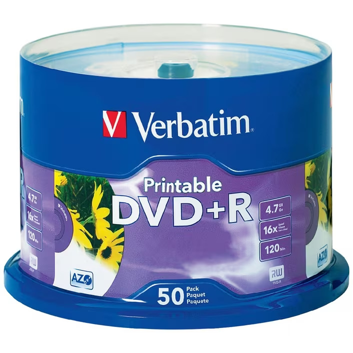 50PK Verbatim 4.7GB DVD+R 16x Printable White Inkjet Media Storage Blank Disc
