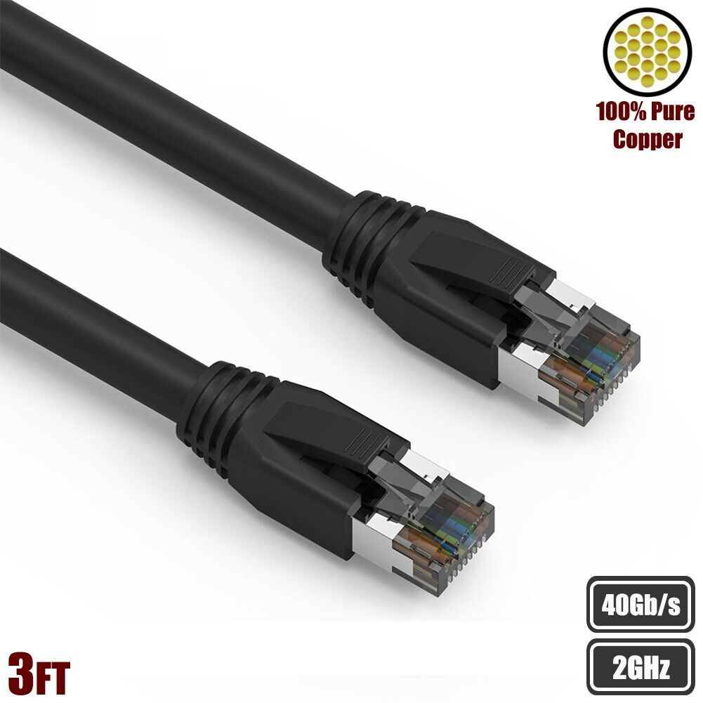 3FT Cat8 RJ45 Network LAN Ethernet S/FTP Shielded Cable Copper 2GHz 40Gbps Black
