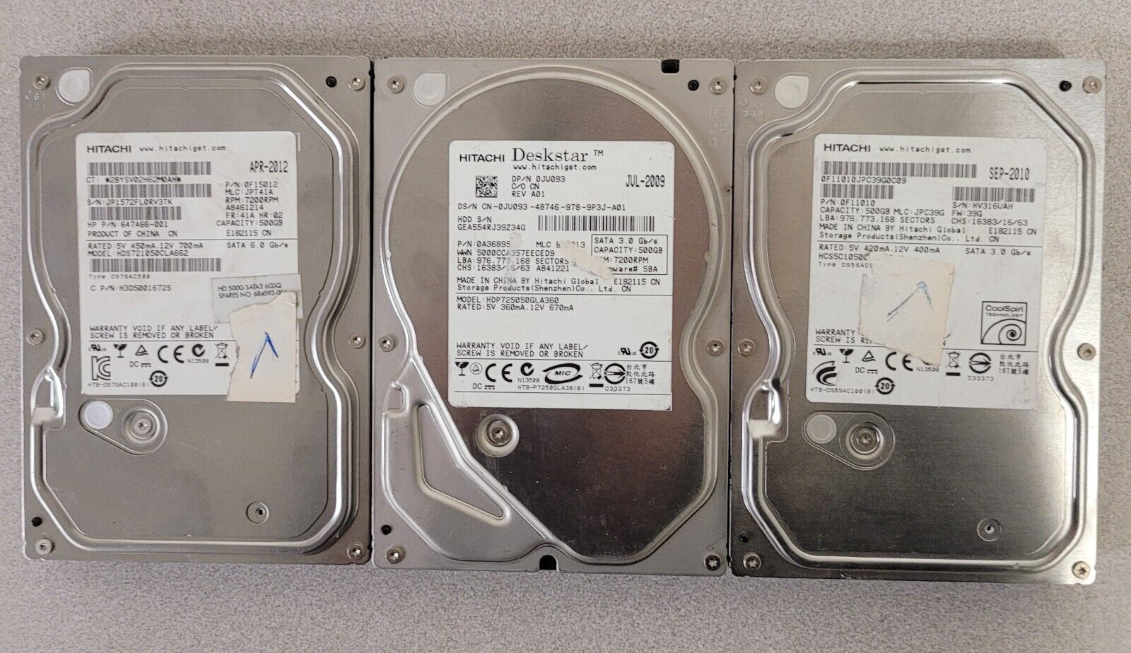 Hitachi Lot of Three (3) 500GB Internal Desktop Hard Drives SATA 3.5 Inches