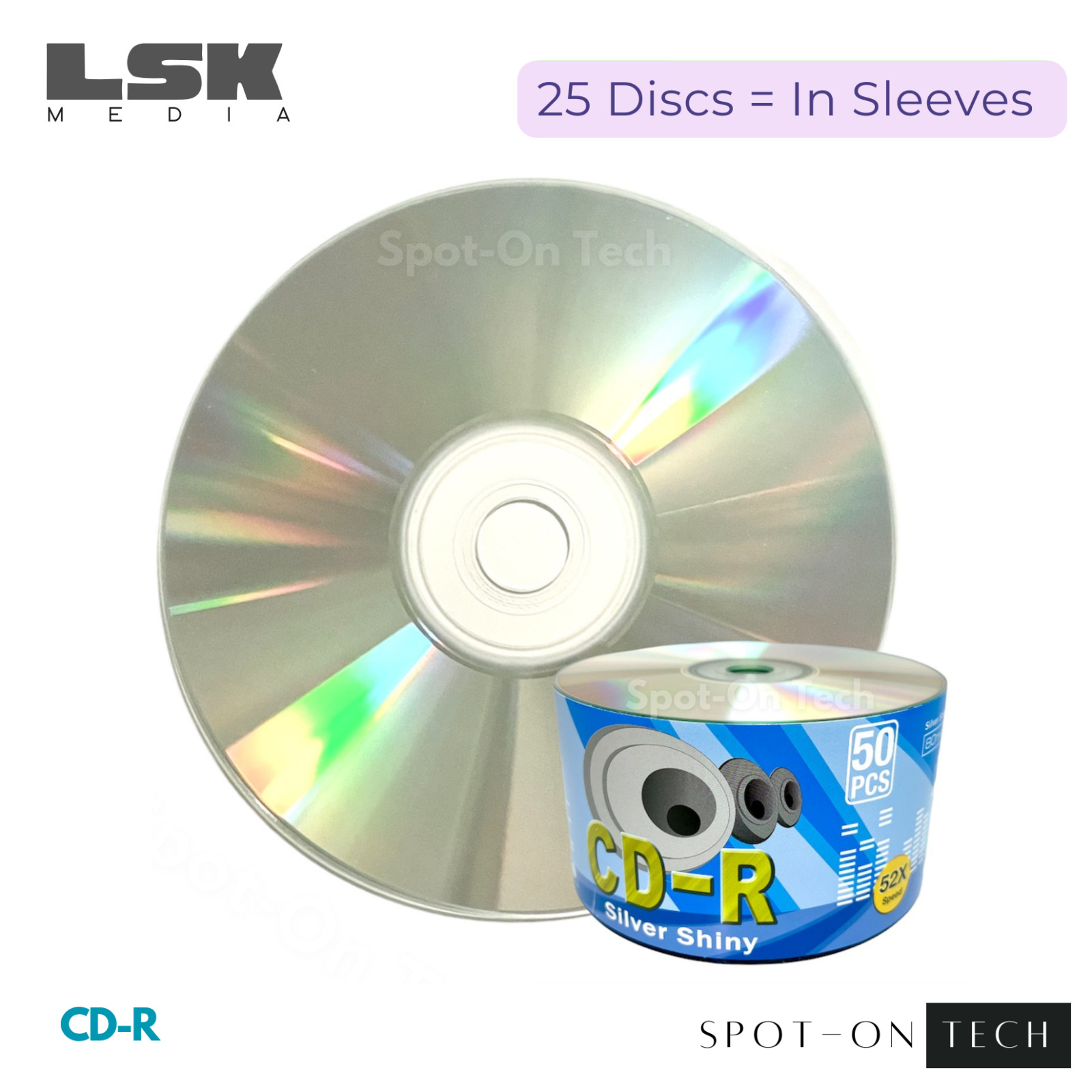 25 LSK CD CD-R Silver Shiny Top Duplication Grade - 80Min/700MB/52x in Sleeves