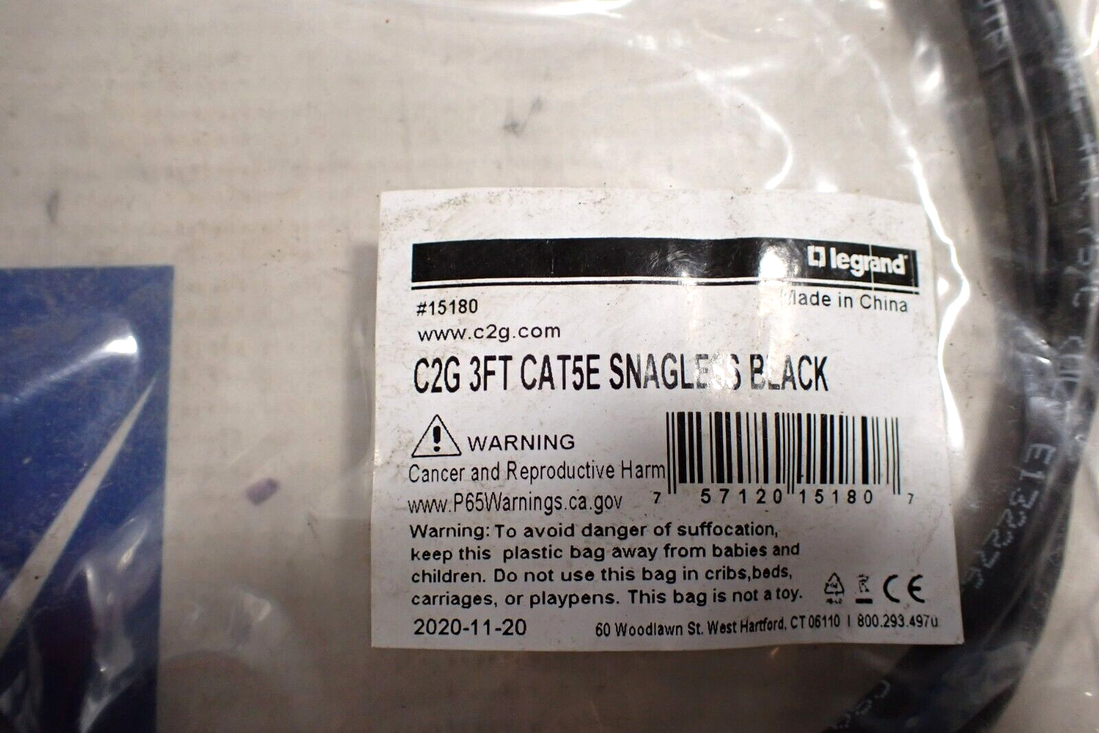 New Legrand C2G 15180 3FT CAT5E Snagless Black Unshielded Ethernet Patch Cable
