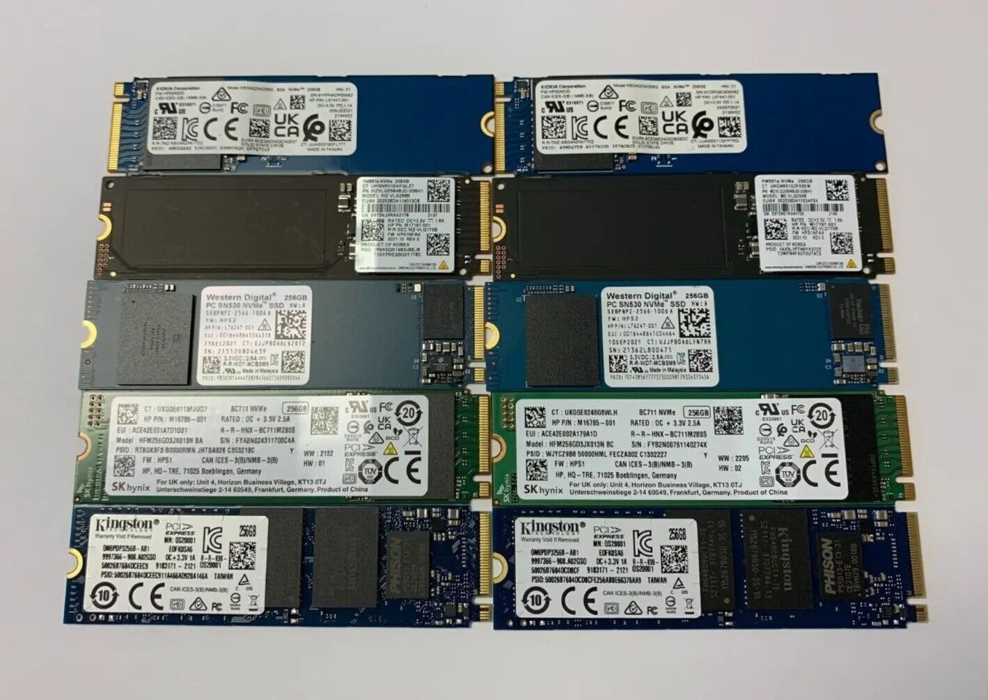 LOT OF 10 - OEM Mixed Brand 256GB M.2 2280 NVMe Internal Solid State Drives SSDs