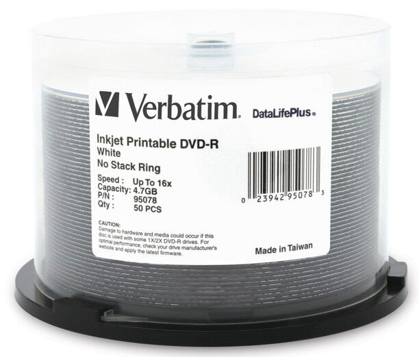 50-Pak Verbatim 16X WHITE INKJET (clear hub) DataLifePlus DVD-R, Verbatim 95078