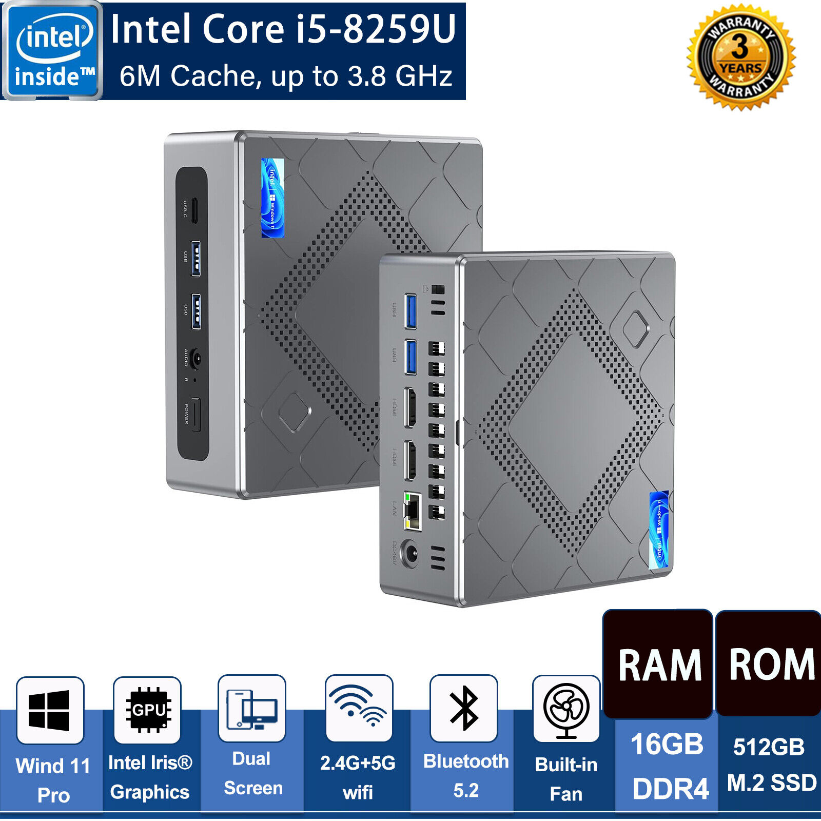 4K Mini PC GAME Computer Intel i5-8259U 4C/8T 16GB DDR4 RAM 512GB M.2 SSD WIFI